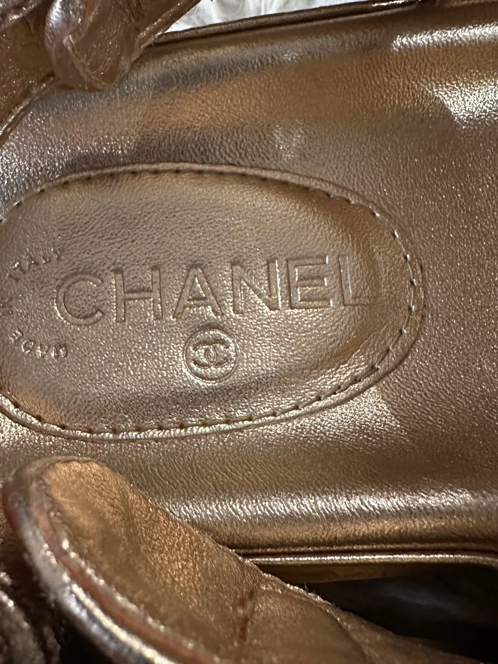 Chanel Iridescent Lambskin Quilted Velcro Dad Sandals in Light Bronze Size 40